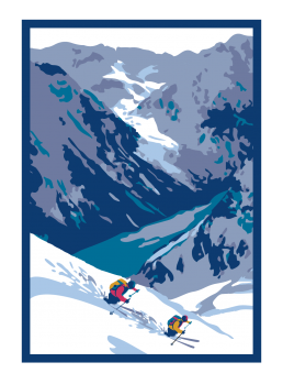 skiers down mountain side. illustration.